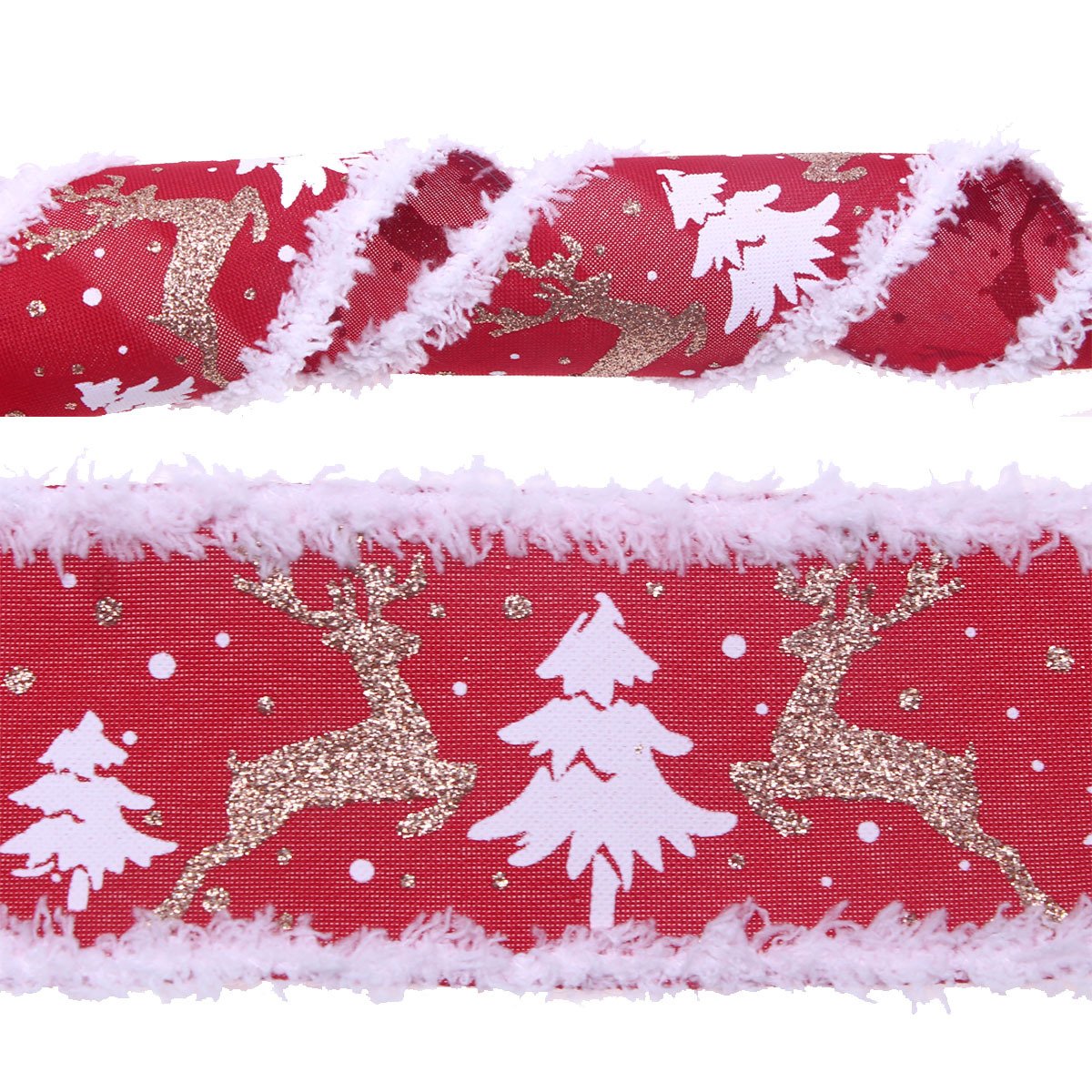 Wholesale 6.3cm/2.5inch Hot Stamped White Plush Trimmed Moose Ribbon Christmas Tree Wired Ribbons For Holiday Decoration