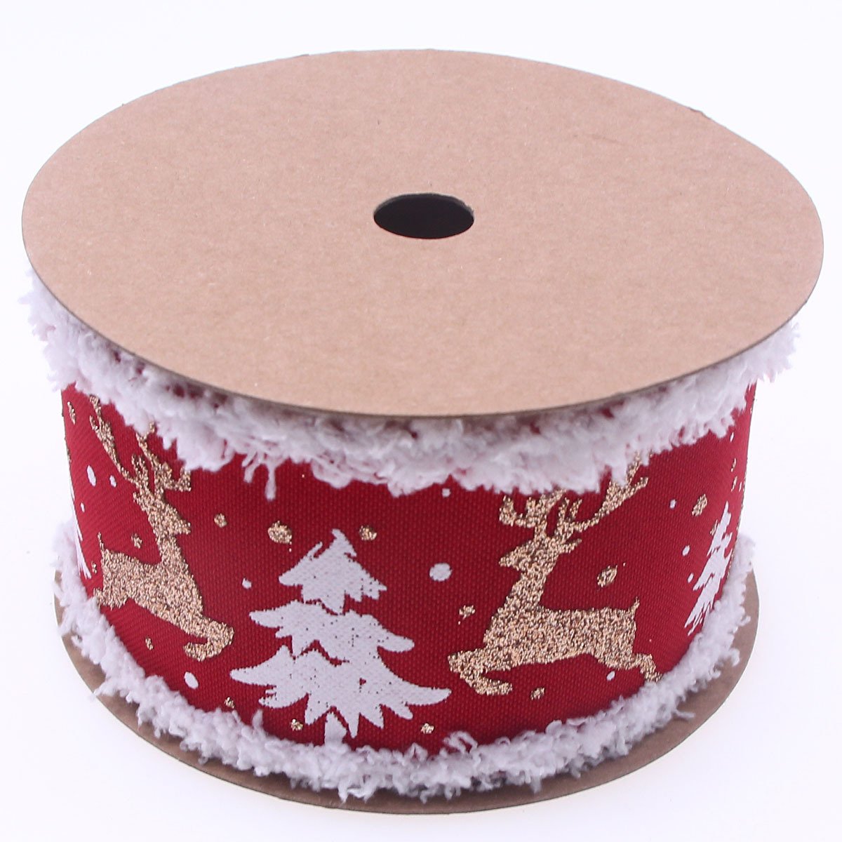 Wholesale 6.3cm/2.5inch Hot Stamped White Plush Trimmed Moose Ribbon Christmas Tree Wired Ribbons For Holiday Decoration
