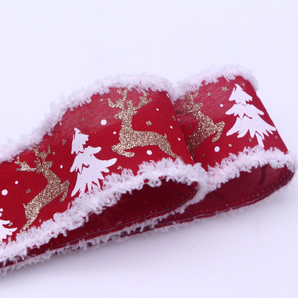 Wholesale 6.3cm/2.5inch Hot Stamped White Plush Trimmed Moose Ribbon Christmas Tree Wired Ribbons For Holiday Decoration