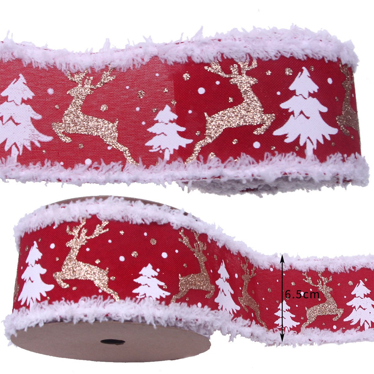 Wholesale 6.3cm/2.5inch Hot Stamped White Plush Trimmed Moose Ribbon Christmas Tree Wired Ribbons For Holiday Decoration