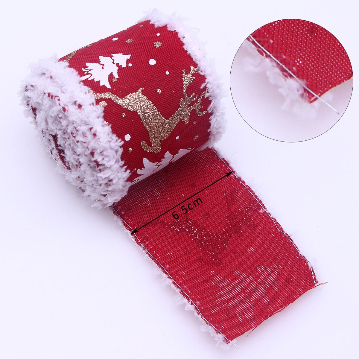 Wholesale 6.3cm/2.5inch Hot Stamped White Plush Trimmed Moose Ribbon Christmas Tree Wired Ribbons For Holiday Decoration