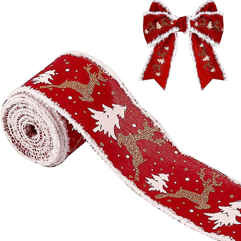 Wholesale 6.3cm/2.5inch Hot Stamped White Plush Trimmed Moose Ribbon Christmas Tree Wired Ribbons For Holiday Decoration