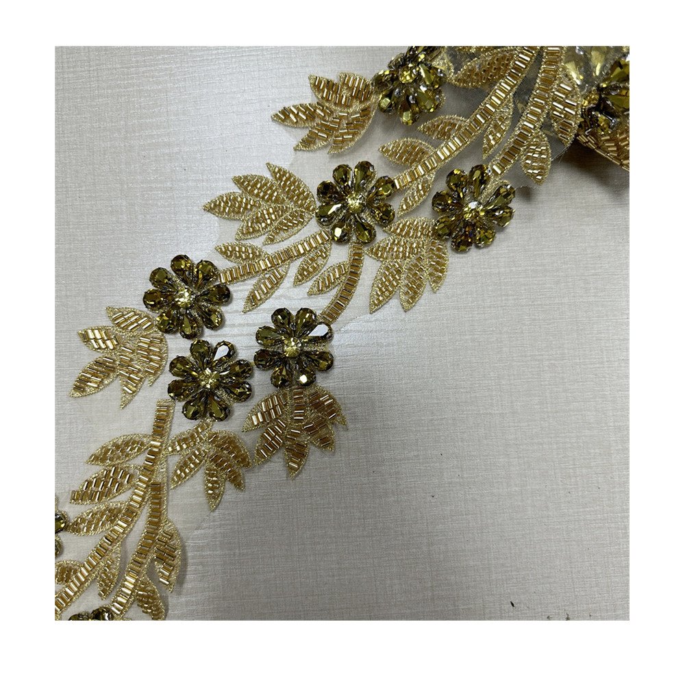Handmade 3d beaded Rhinestone embroidery sequin lace trim for wedding DIY