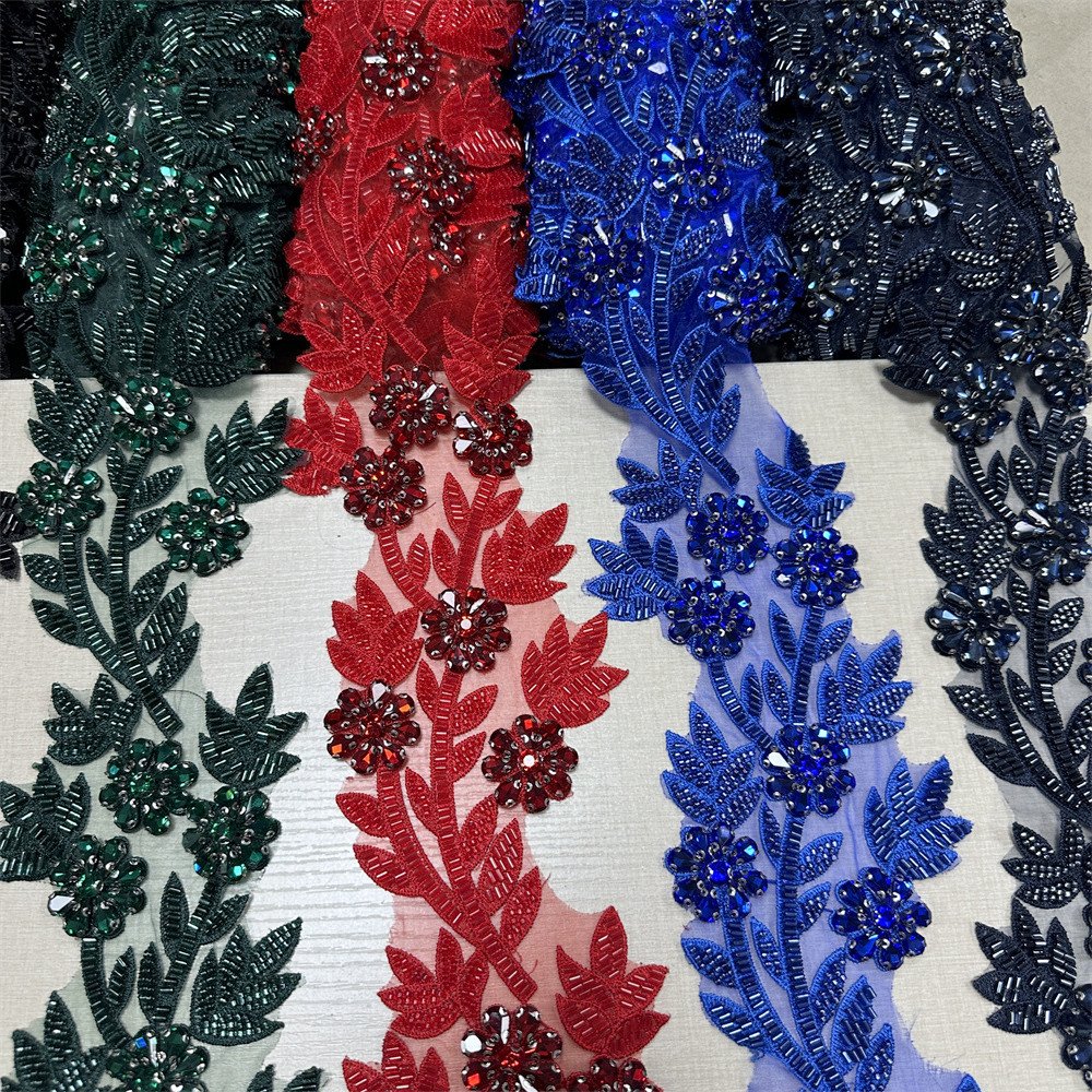 Handmade 3d beaded Rhinestone embroidery sequin lace trim for wedding DIY