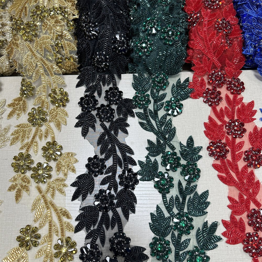 Handmade 3d beaded Rhinestone embroidery sequin lace trim for wedding DIY