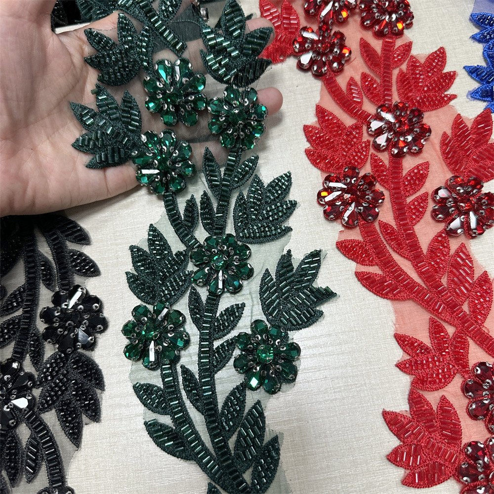 Handmade 3d beaded Rhinestone embroidery sequin lace trim for wedding DIY