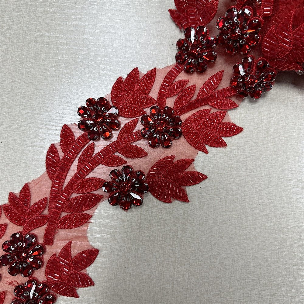 Handmade 3d beaded Rhinestone embroidery sequin lace trim for wedding DIY