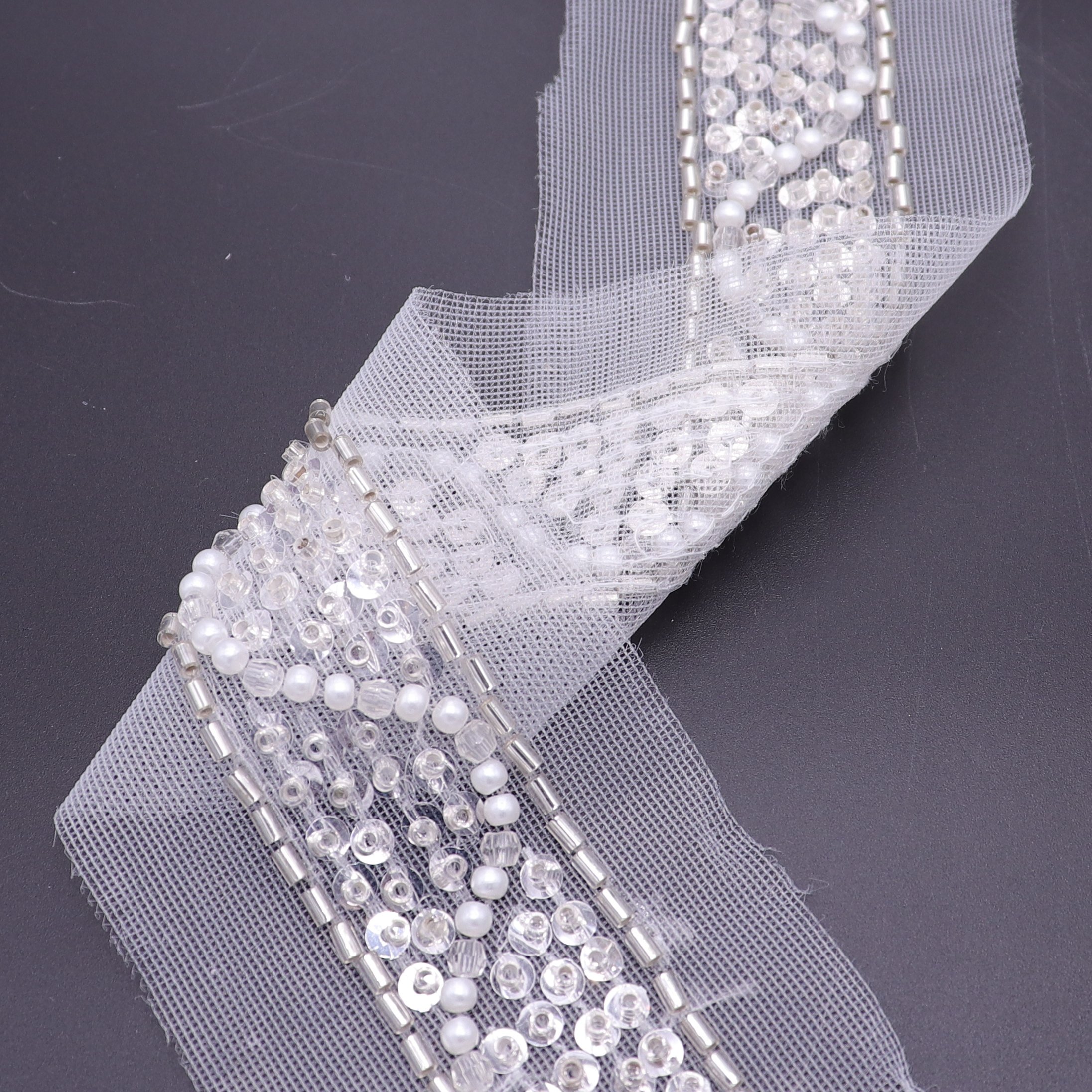 Factory Custom High Quality Lace Trimming Bead Lace Sew On Withe Beaded Pearl Trim Lace