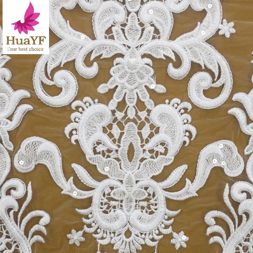 HY1553 Nigerian white embroidery wedding dress lace fabric lace trim