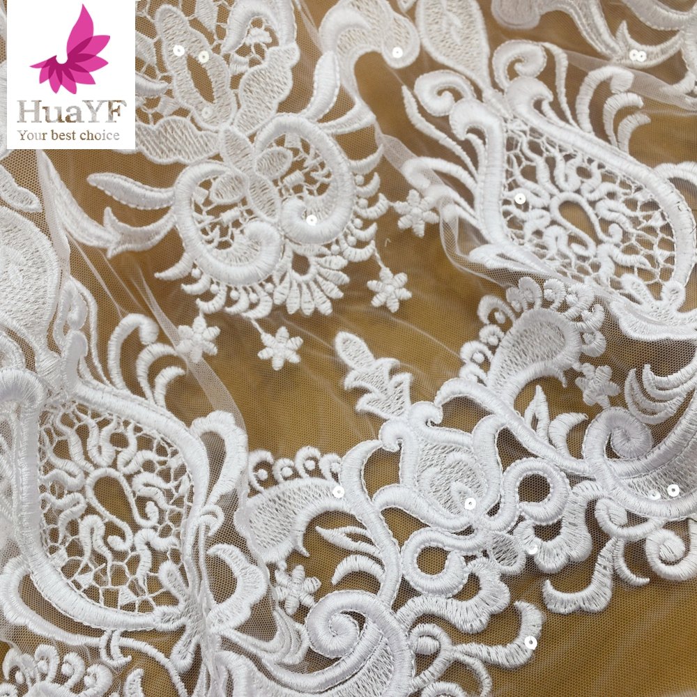 HY1553 Nigerian white embroidery wedding dress lace fabric lace trim