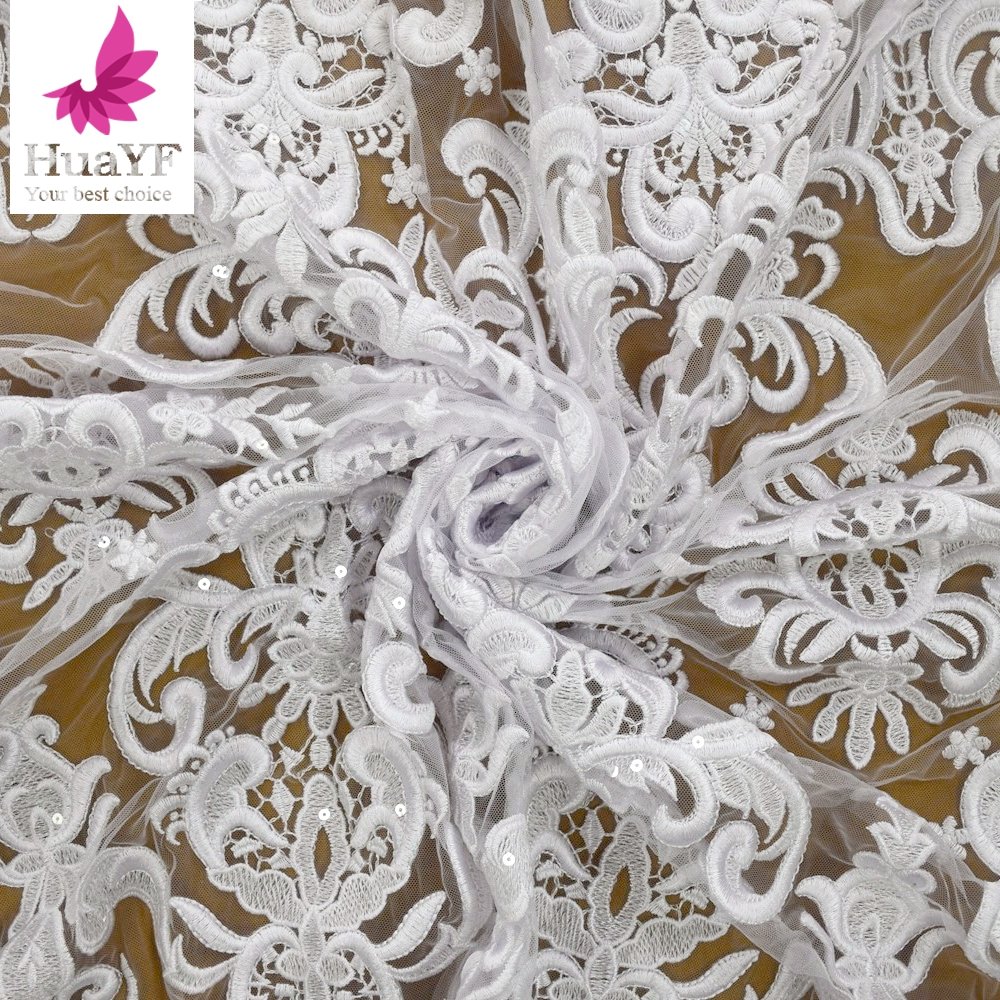 HY1553 Nigerian white embroidery wedding dress lace fabric lace trim