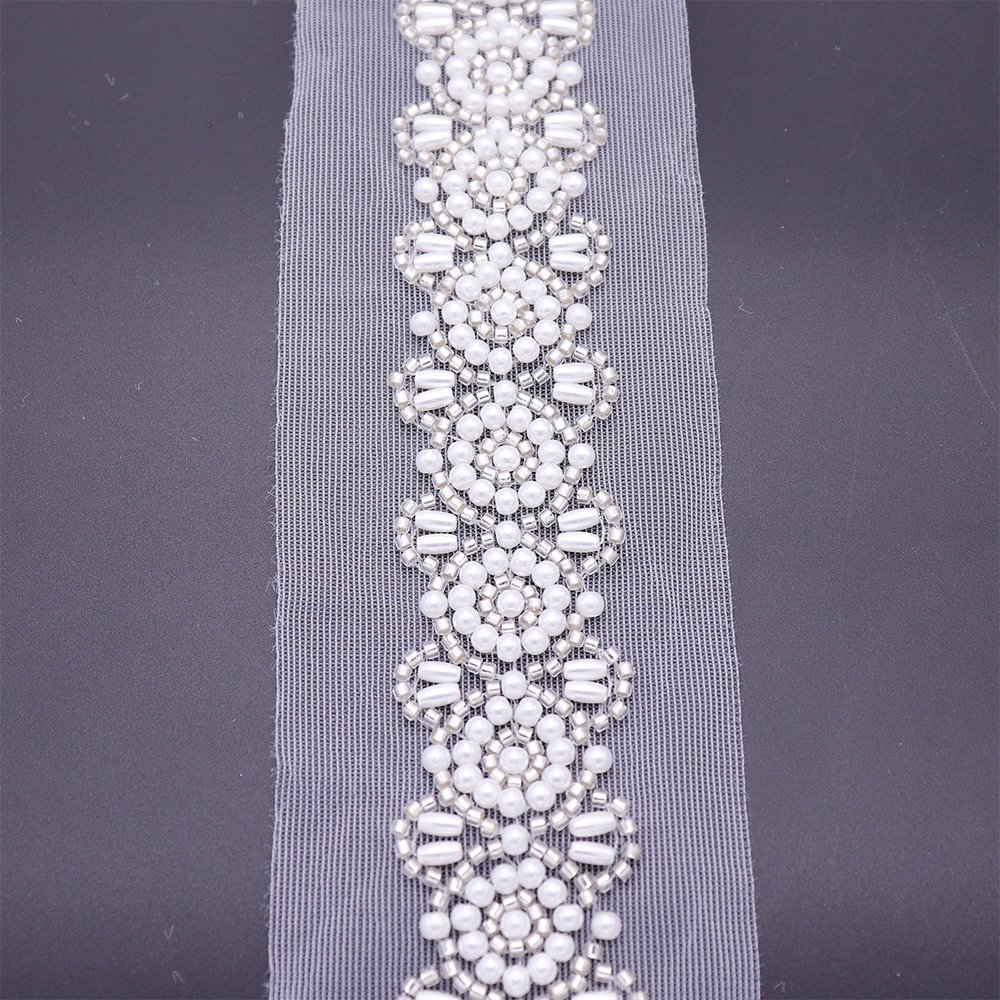Factory Custom Machine Embroidery Pearl Beaded Lace Trim Ribbon Mesh Bridal Lace Trim For Wedding Dress