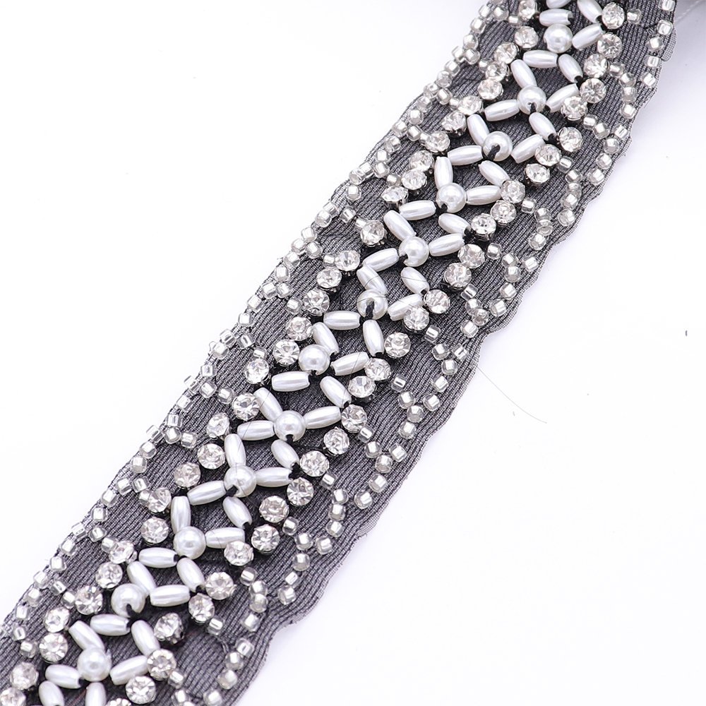 Newest Handsewing Black Beaded Ribbon Lace Trim Wholesale Rhinestones Pearls Beaded Lace Trim For Wedding Dresses