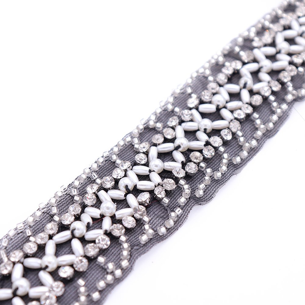 Newest Handsewing Black Beaded Ribbon Lace Trim Wholesale Rhinestones Pearls Beaded Lace Trim For Wedding Dresses