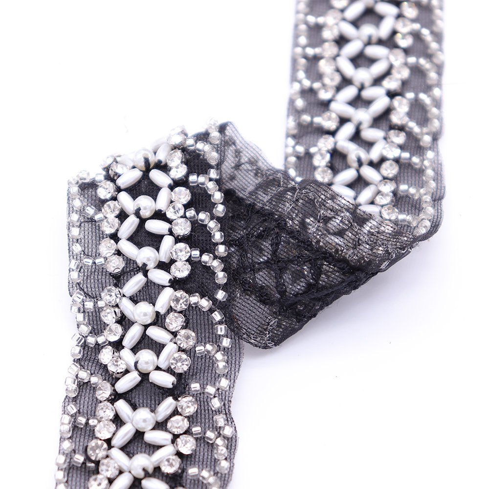 Newest Handsewing Black Beaded Ribbon Lace Trim Wholesale Rhinestones Pearls Beaded Lace Trim For Wedding Dresses