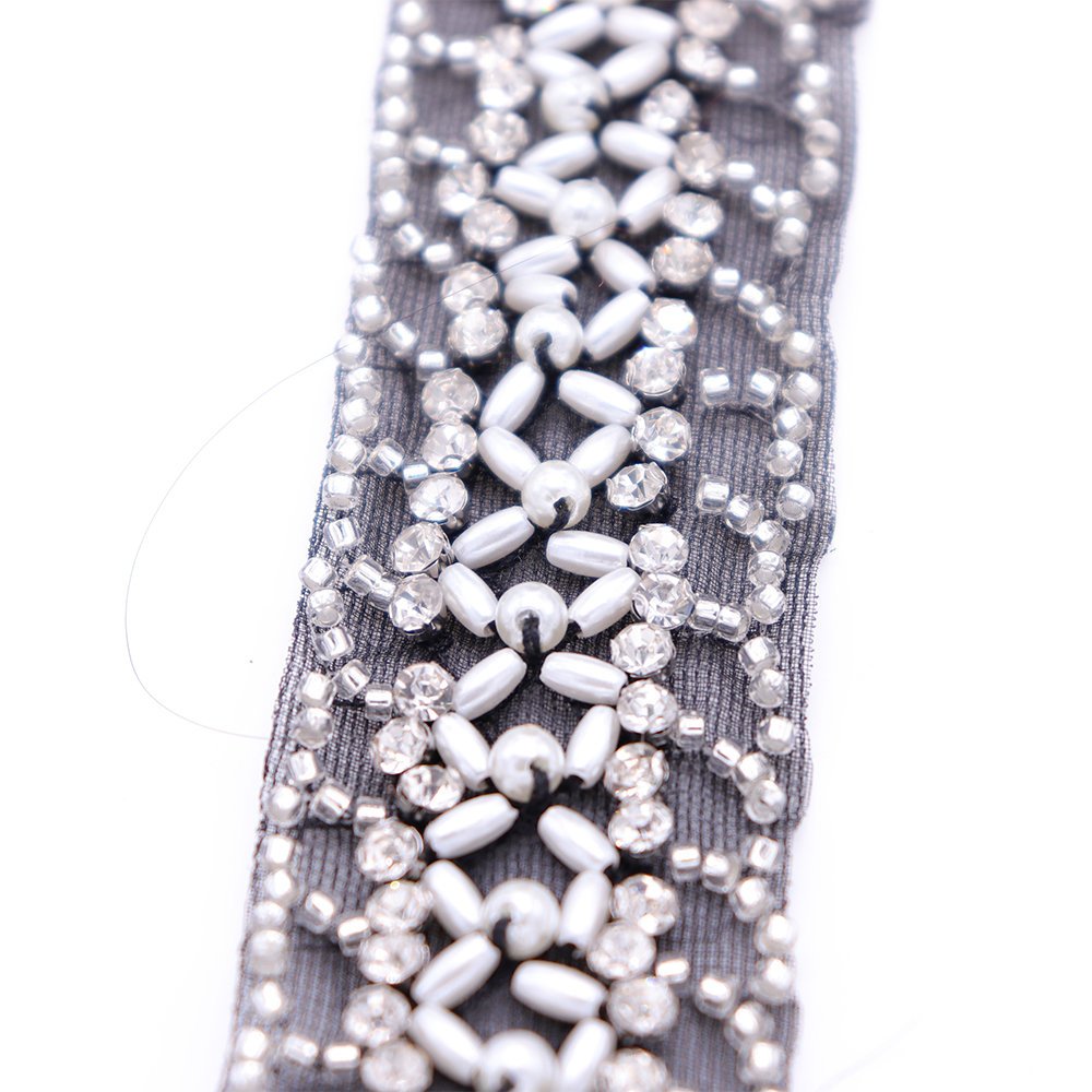 Newest Handsewing Black Beaded Ribbon Lace Trim Wholesale Rhinestones Pearls Beaded Lace Trim For Wedding Dresses