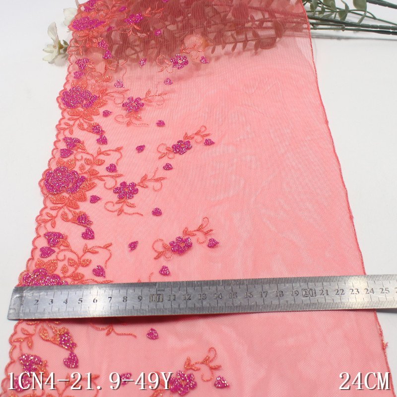 Manufacturer Wholesale Nylon Embroidered Pink Tulle Lace Fabric 24cm shiny flower Embroidery Lace Trim For Ladies Lingerie