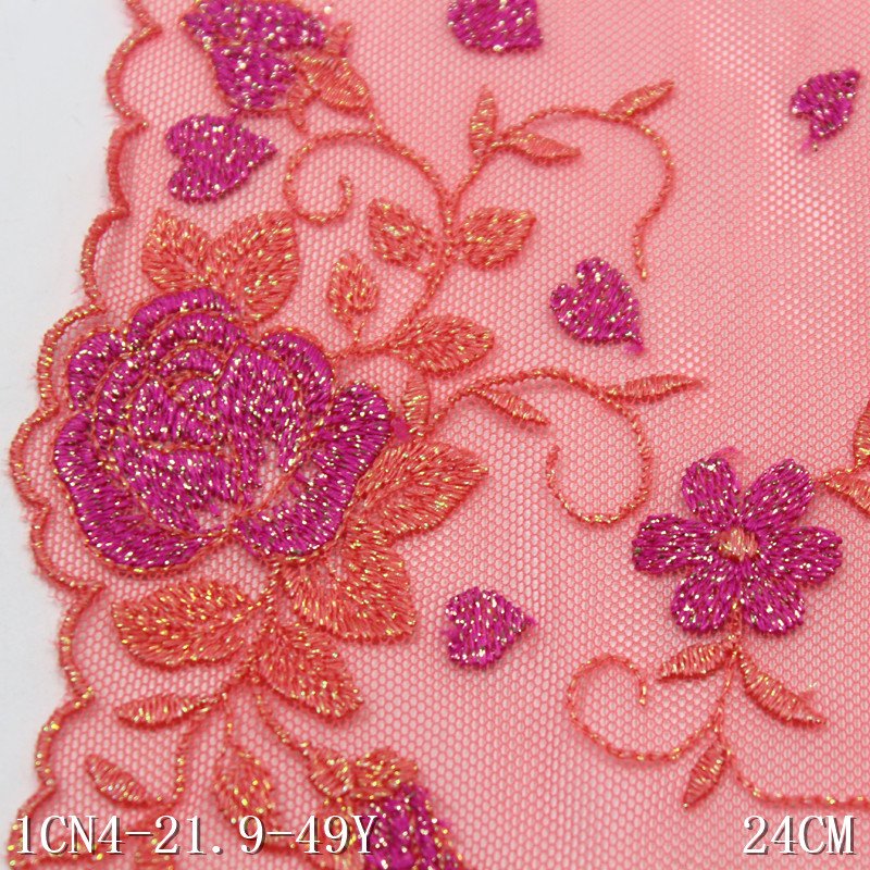 Manufacturer Wholesale Nylon Embroidered Pink Tulle Lace Fabric 24cm shiny flower Embroidery Lace Trim For Ladies Lingerie