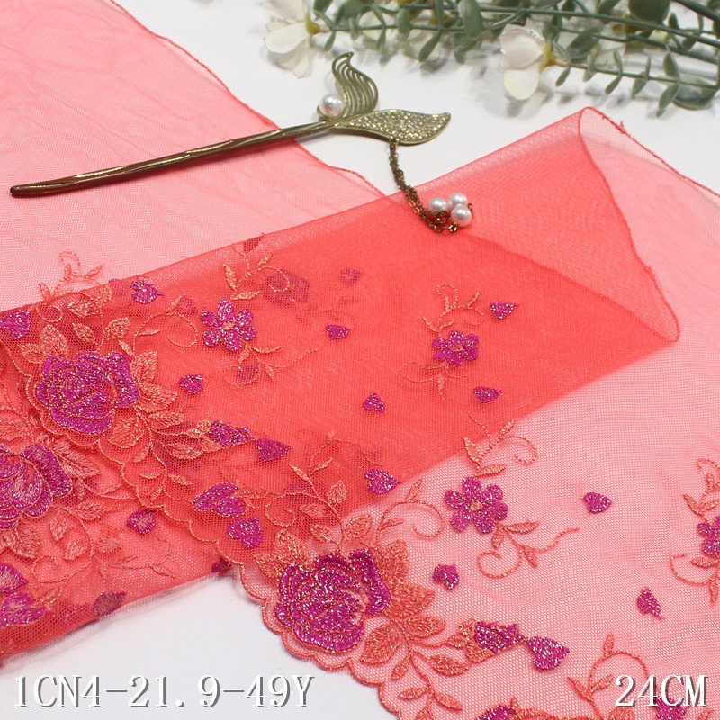 Manufacturer Wholesale Nylon Embroidered Pink Tulle Lace Fabric 24cm shiny flower Embroidery Lace Trim For Ladies Lingerie