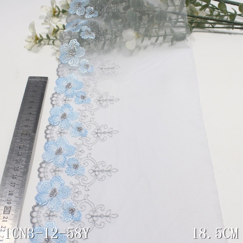 Factory Wholesale Clothing lingerie Accessories China Lace Fabric 18cm light blue mesh fancy flower Embroidery Lace Trim