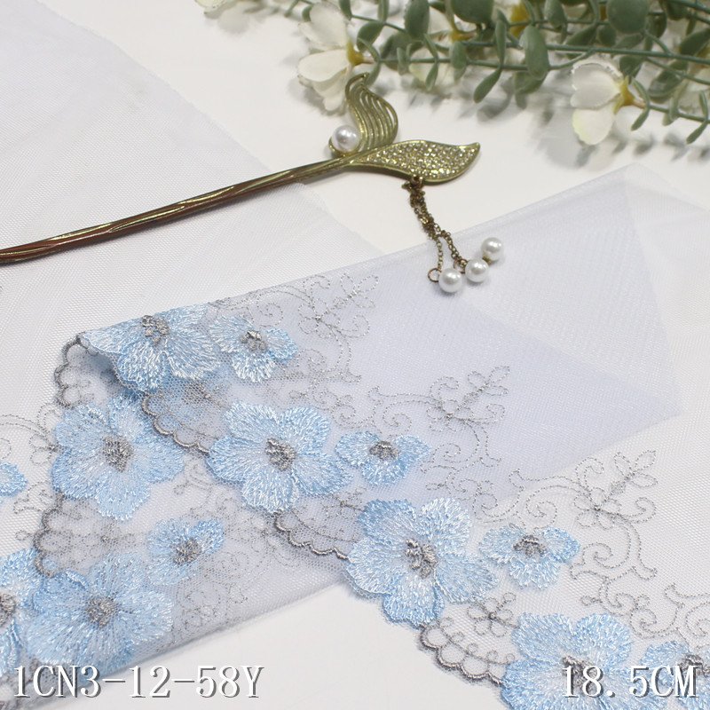 Factory Wholesale Clothing lingerie Accessories China Lace Fabric 18cm light blue mesh fancy flower Embroidery Lace Trim