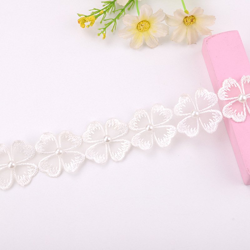 Pearl Flower Beads Lace Edge Trim Ribbon Beaded Flower Trim Lace Embroidered Ribbon