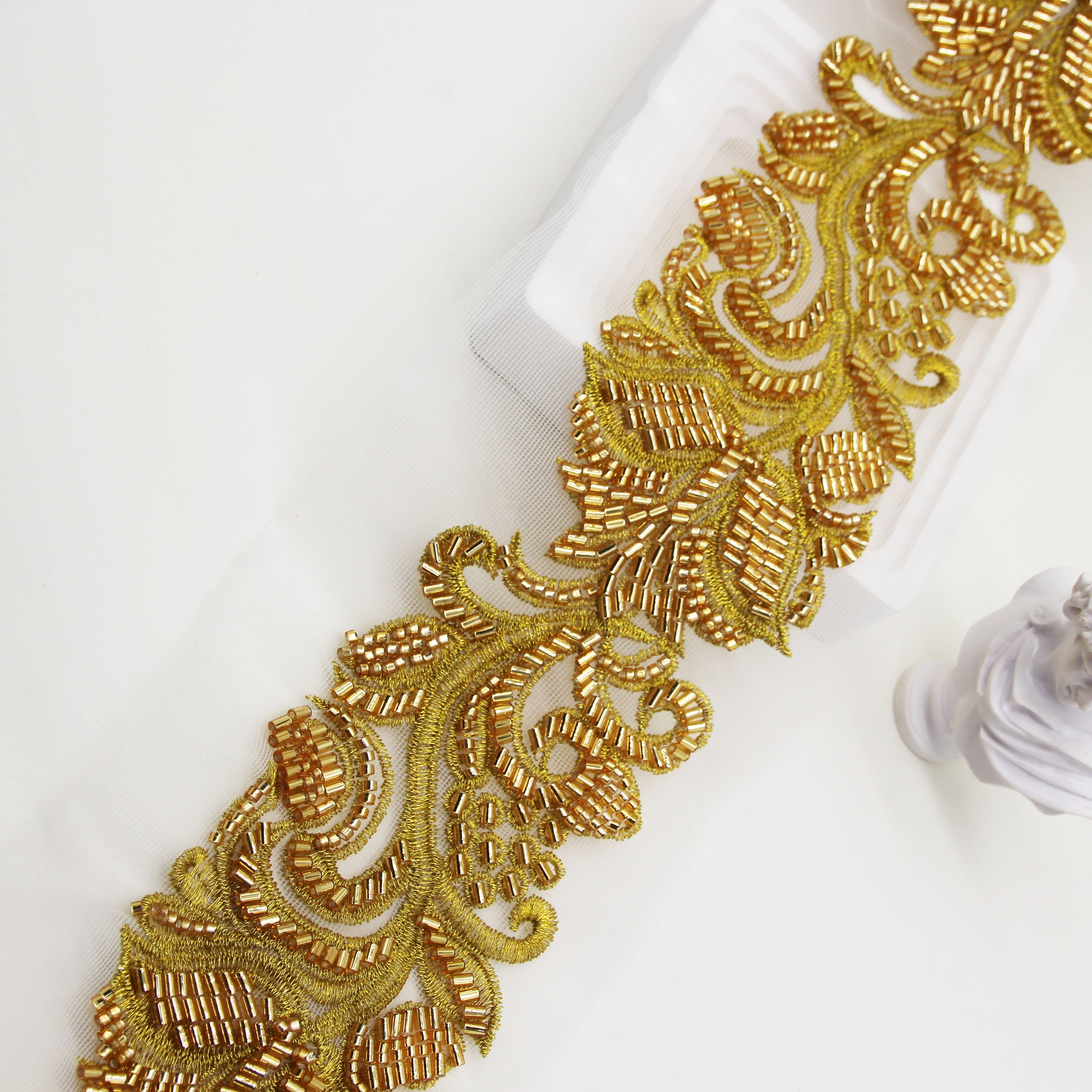 Hot Selling Dubai African Embroidered Bridal Gold Mesh Trim Lace Fabric Beaded Lace Trim For Dress