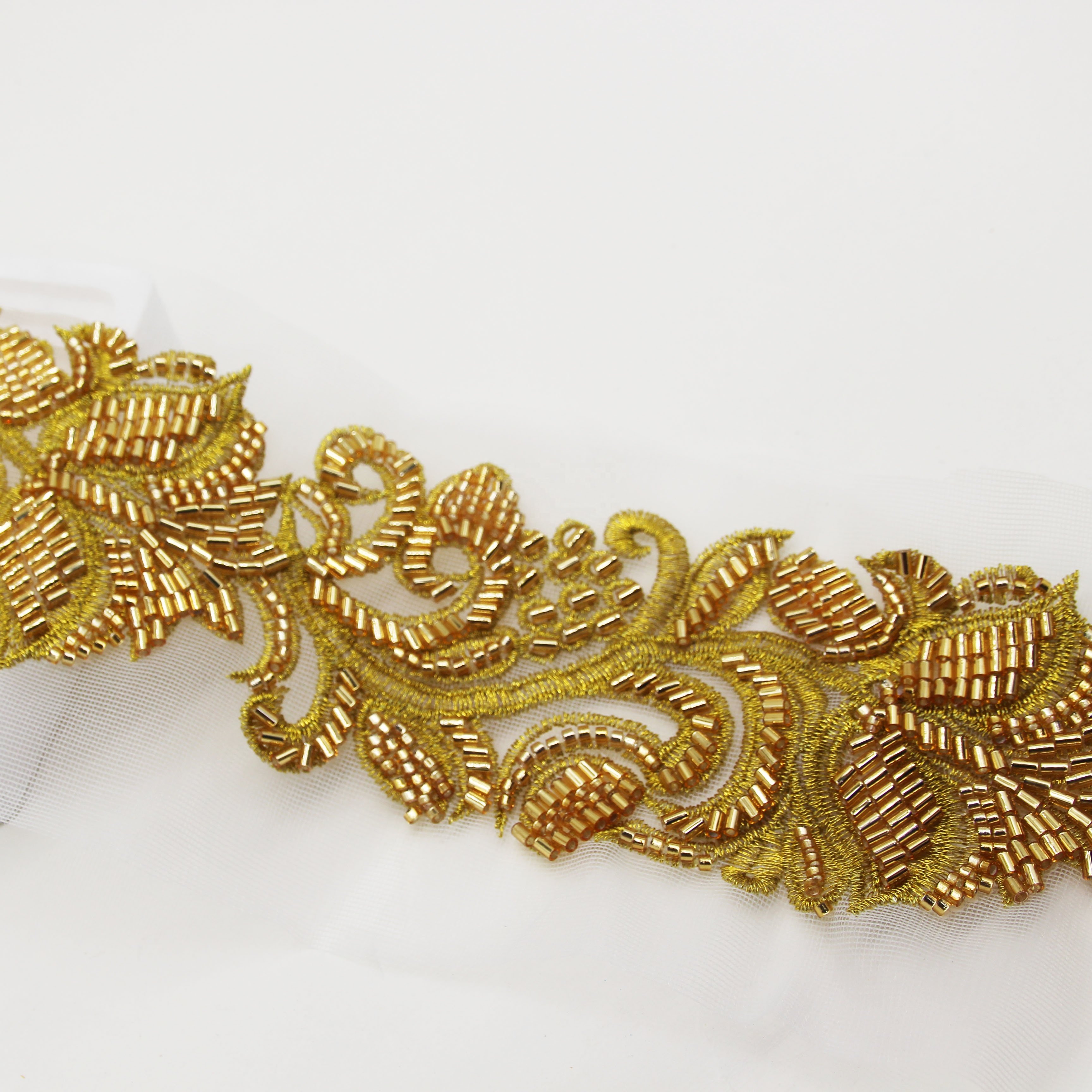 Hot Selling Dubai African Embroidered Bridal Gold Mesh Trim Lace Fabric Beaded Lace Trim For Dress