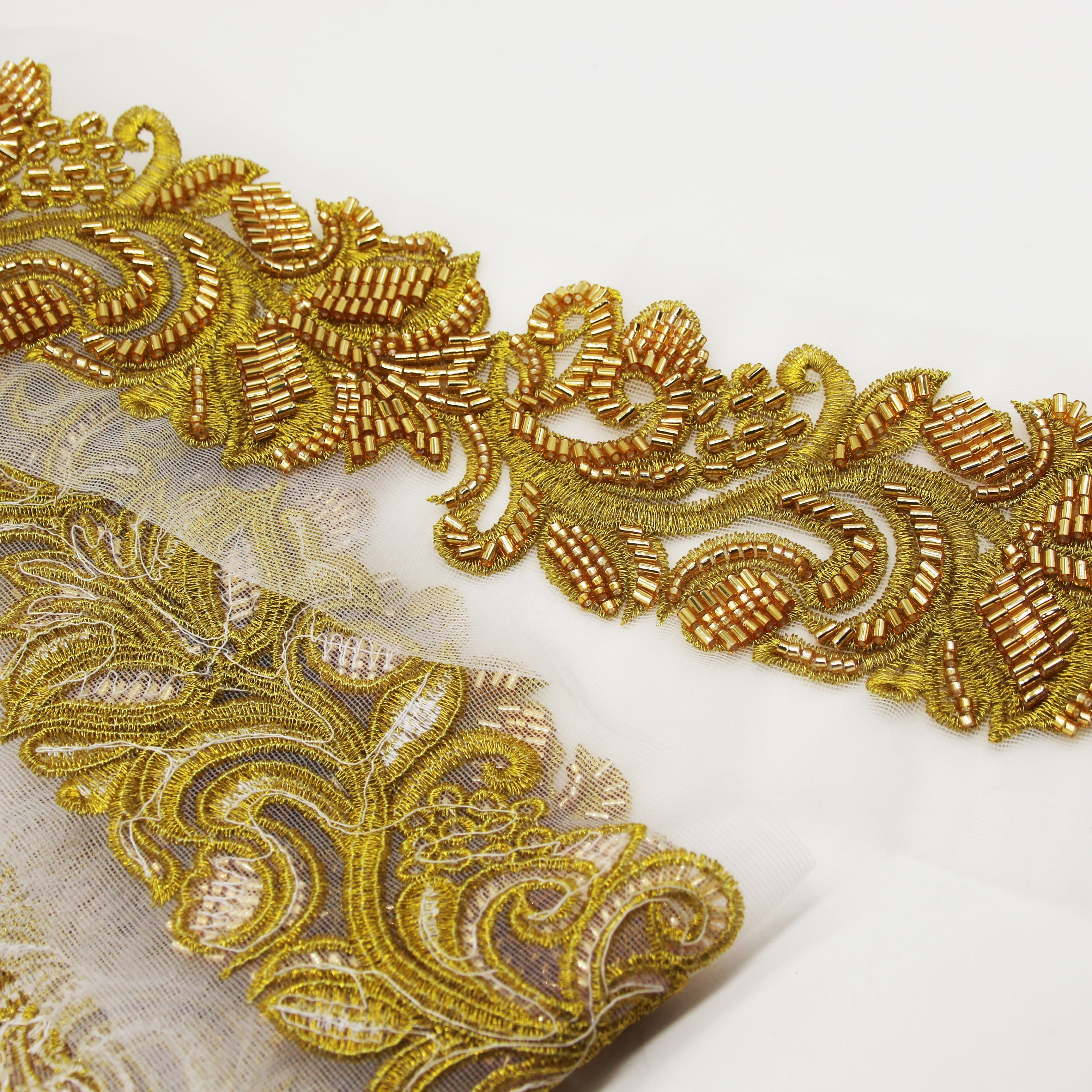 Hot Selling Dubai African Embroidered Bridal Gold Mesh Trim Lace Fabric Beaded Lace Trim For Dress