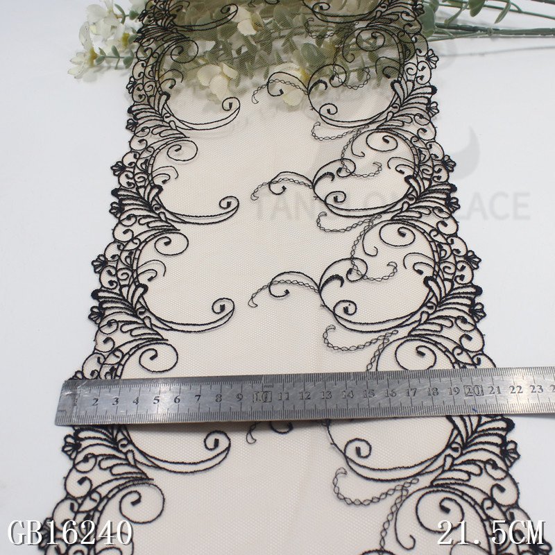 High Quality Fashion 21cm wide Embroidered Flower Black mesh Lace trim for women lingerie underwear