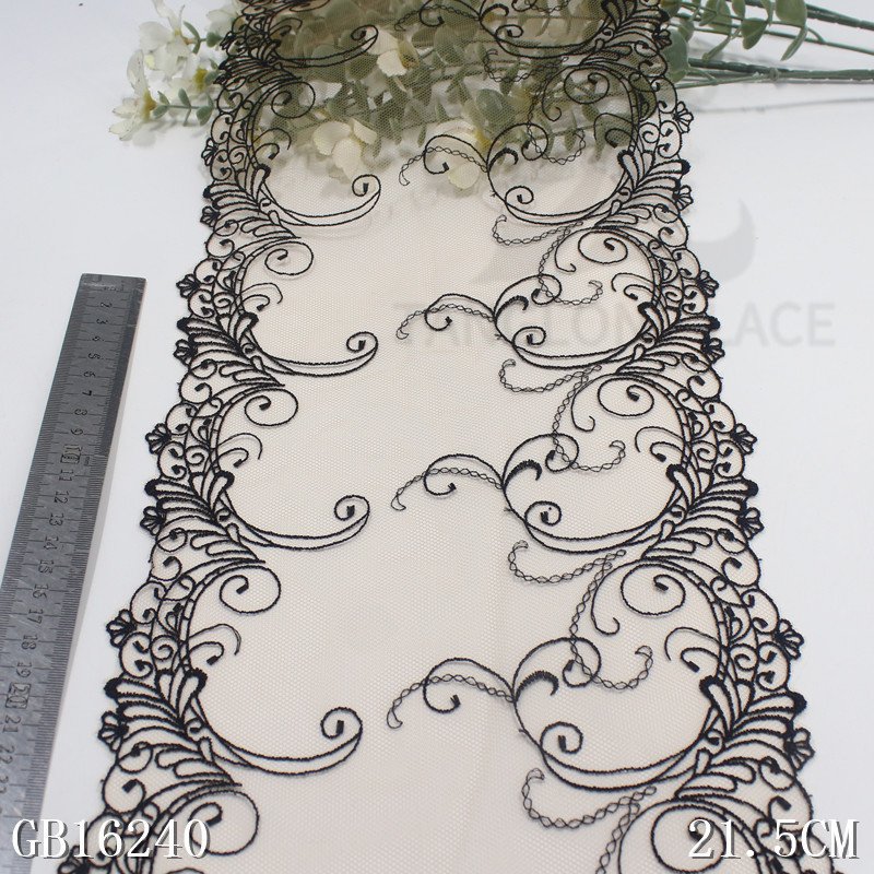 High Quality Fashion 21cm wide Embroidered Flower Black mesh Lace trim for women lingerie underwear