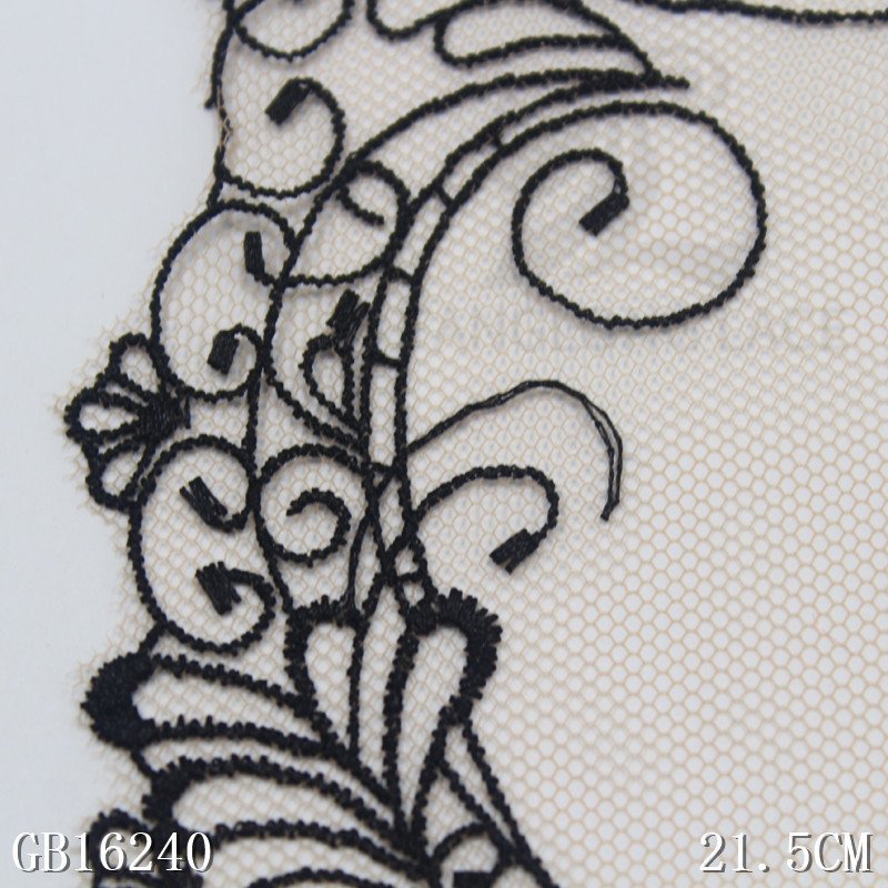 High Quality Fashion 21cm wide Embroidered Flower Black mesh Lace trim for women lingerie underwear