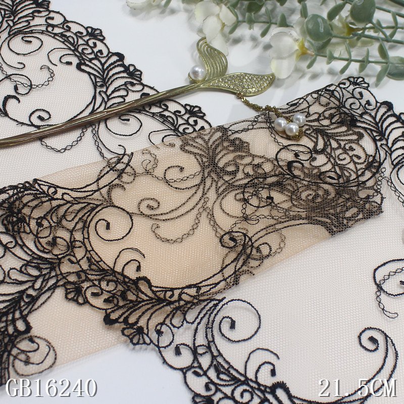 High Quality Fashion 21cm wide Embroidered Flower Black mesh Lace trim for women lingerie underwear
