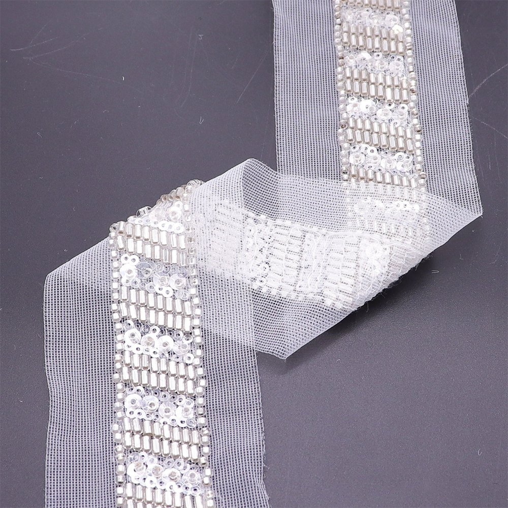 Custom Made High Quality Lace Beading Trimming Machine Embroidery Sew On Pearls Beaded Lace Trims