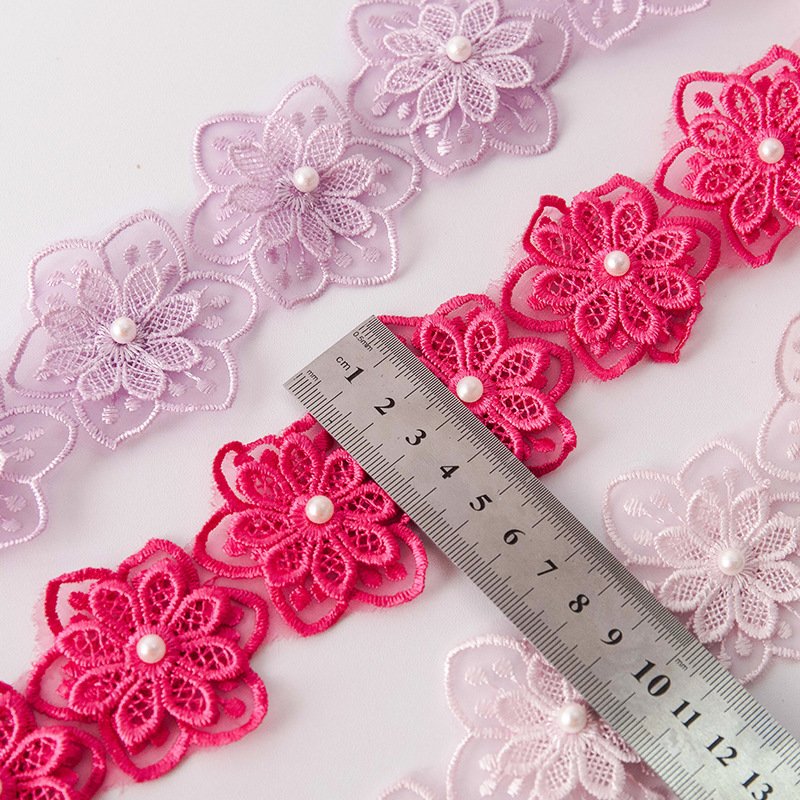 Embroidery Flower Appliques Lace With Pearl Center,Diy Flower Lace Trimming