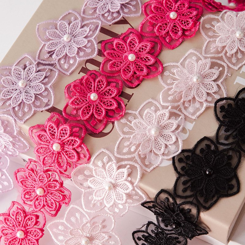Embroidery Flower Appliques Lace With Pearl Center,Diy Flower Lace Trimming