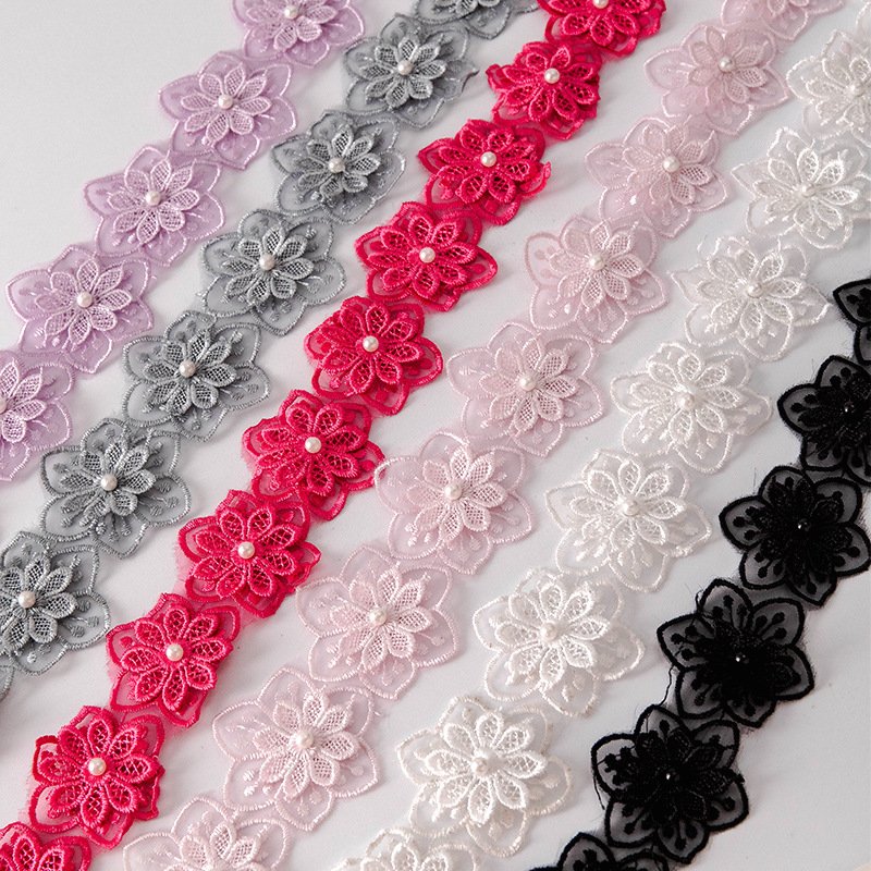 Embroidery Flower Appliques Lace With Pearl Center,Diy Flower Lace Trimming