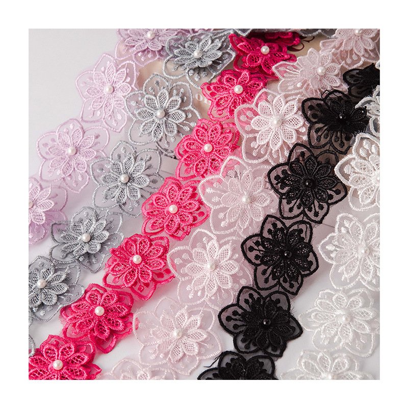 Embroidery Flower Appliques Lace With Pearl Center,Diy Flower Lace Trimming
