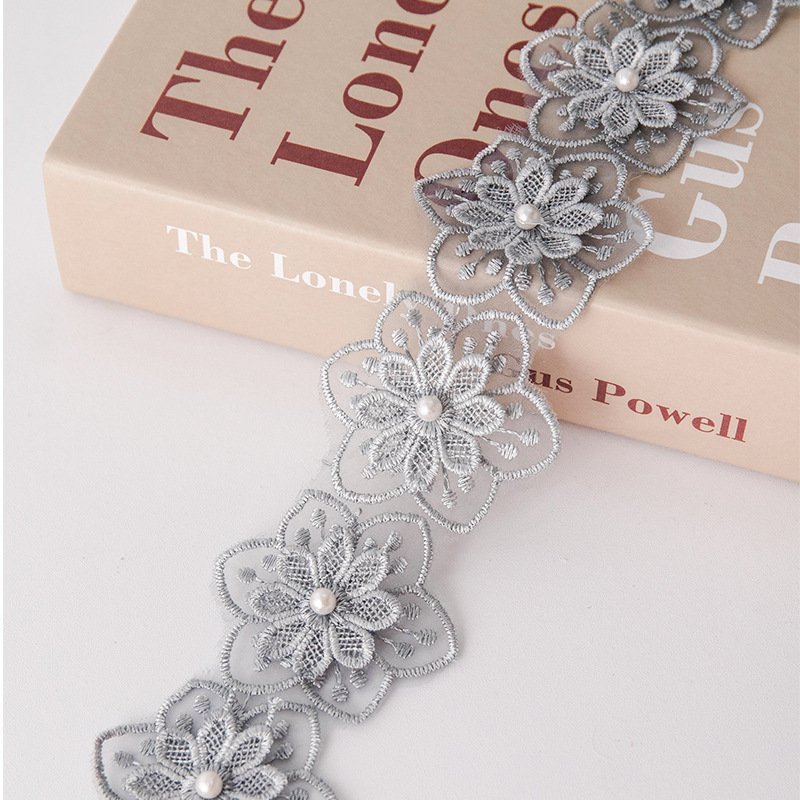 Embroidery Flower Appliques Lace With Pearl Center,Diy Flower Lace Trimming