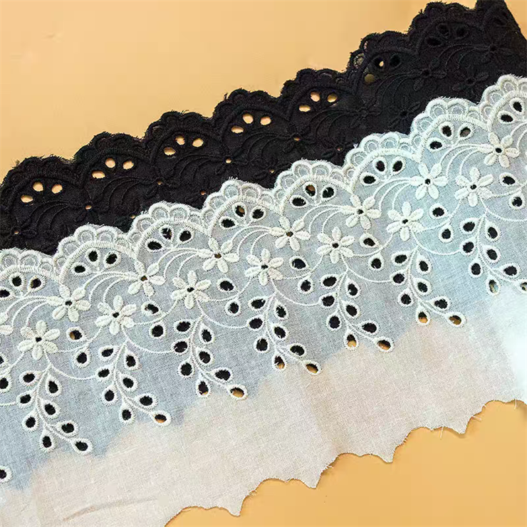Wide eyed cotton edge embroidery with white and black 100% cotton edge fabric lace for women's dresses