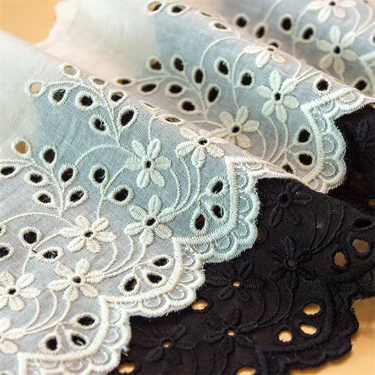Wide eyed cotton edge embroidery with white and black 100% cotton edge fabric lace for women's dresses