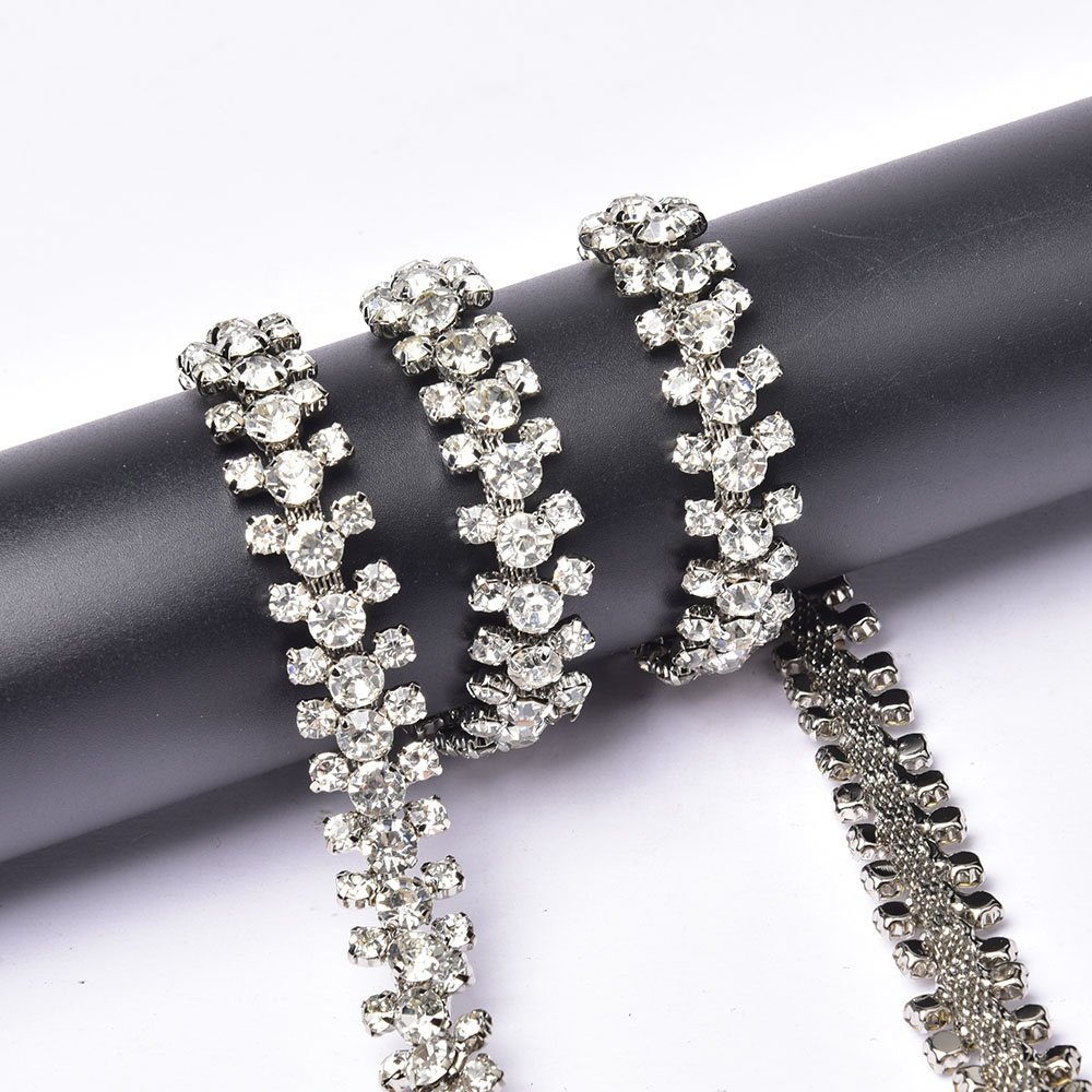 3 Rows Round Glass Rhinestone Cup Chain Metal Crystal Flower Embellishment Sew on Applique Strass Trim for Garment Wedding Dress