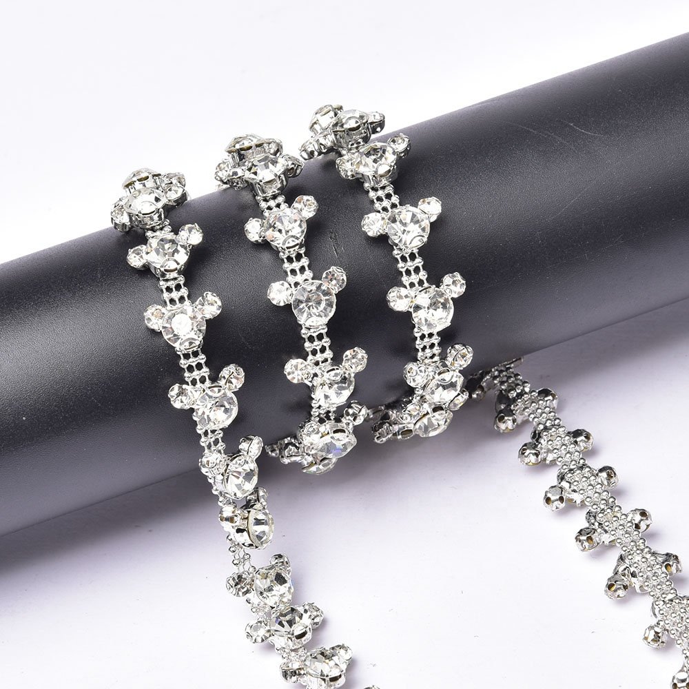 3 Rows Round Glass Rhinestone Cup Chain Metal Crystal Flower Embellishment Sew on Applique Strass Trim for Garment Wedding Dress