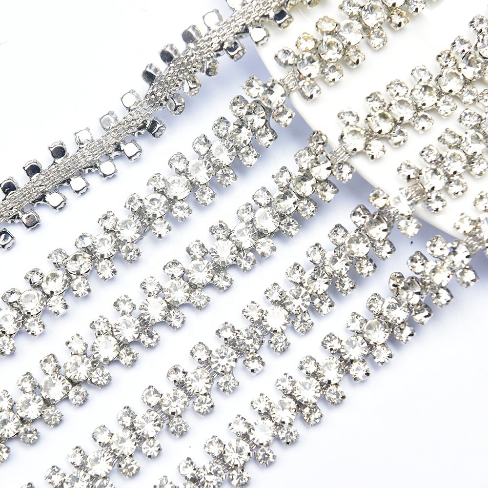 3 Rows Round Glass Rhinestone Cup Chain Metal Crystal Flower Embellishment Sew on Applique Strass Trim for Garment Wedding Dress