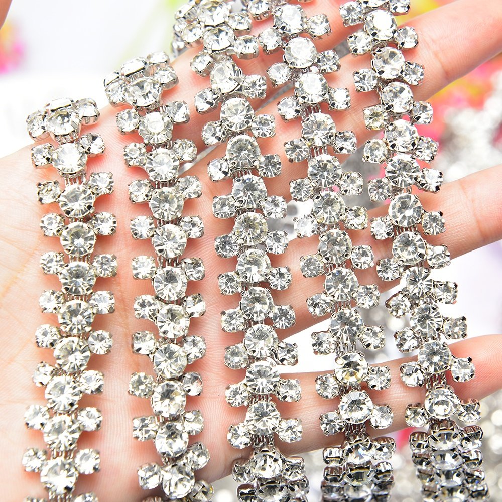 3 Rows Round Glass Rhinestone Cup Chain Metal Crystal Flower Embellishment Sew on Applique Strass Trim for Garment Wedding Dress