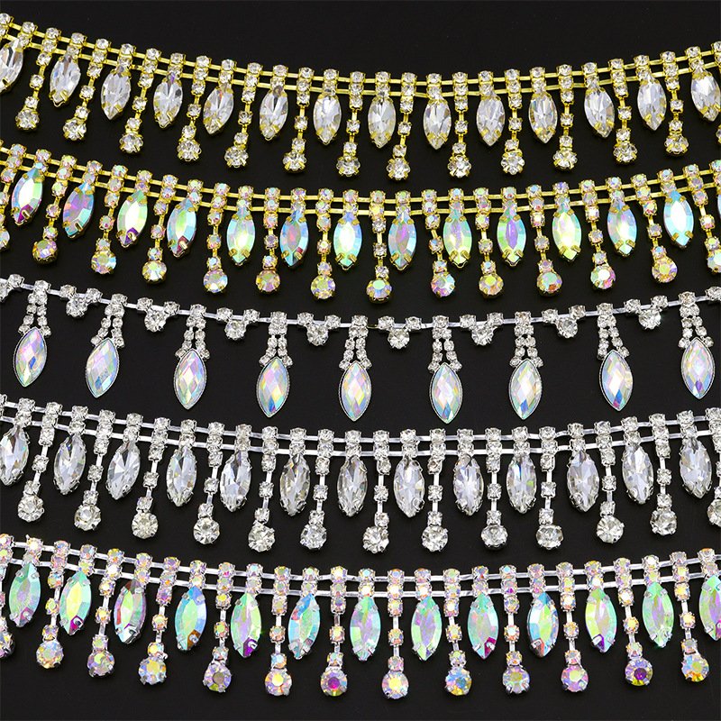 Wholesale 1 Yard Glitter Sewing Clothes Applique Strass Tassels Fringe Clear Crystal Drop Trim Glass Rhinestone Chain Trim