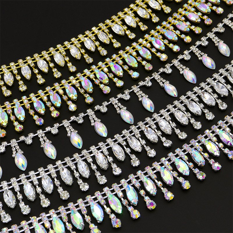 Wholesale 1 Yard Glitter Sewing Clothes Applique Strass Tassels Fringe Clear Crystal Drop Trim Glass Rhinestone Chain Trim