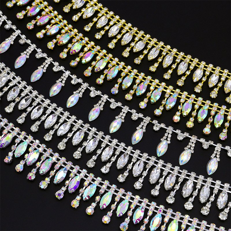 Wholesale 1 Yard Glitter Sewing Clothes Applique Strass Tassels Fringe Clear Crystal Drop Trim Glass Rhinestone Chain Trim