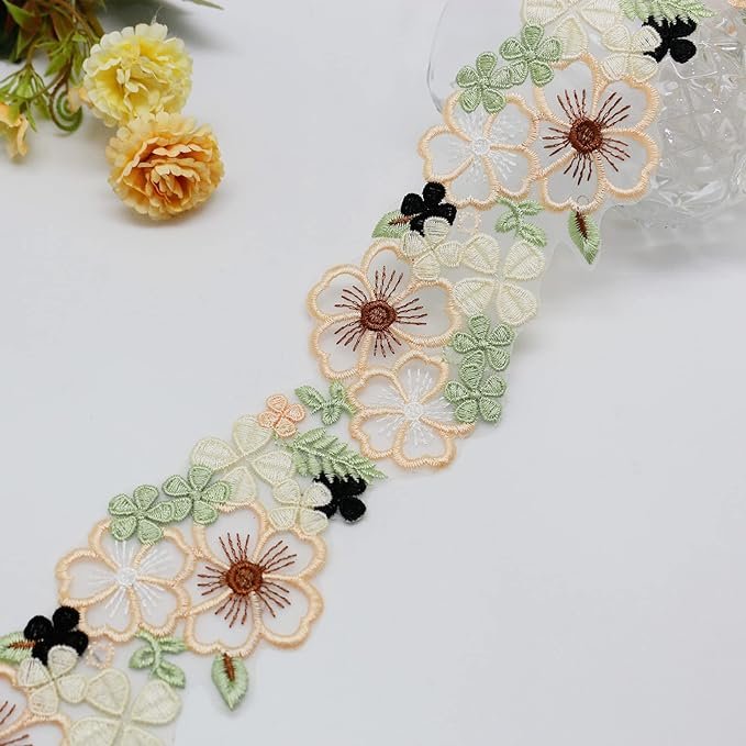Organza 3D Flower Lace Trim Green and Beige Embroidery Floral lace Ribbon Sewing Lace for Bridal Applique Dress DIY Craft Decor