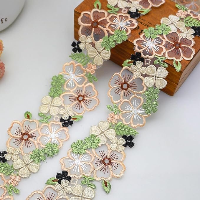 Organza 3D Flower Lace Trim Green and Beige Embroidery Floral lace Ribbon Sewing Lace for Bridal Applique Dress DIY Craft Decor